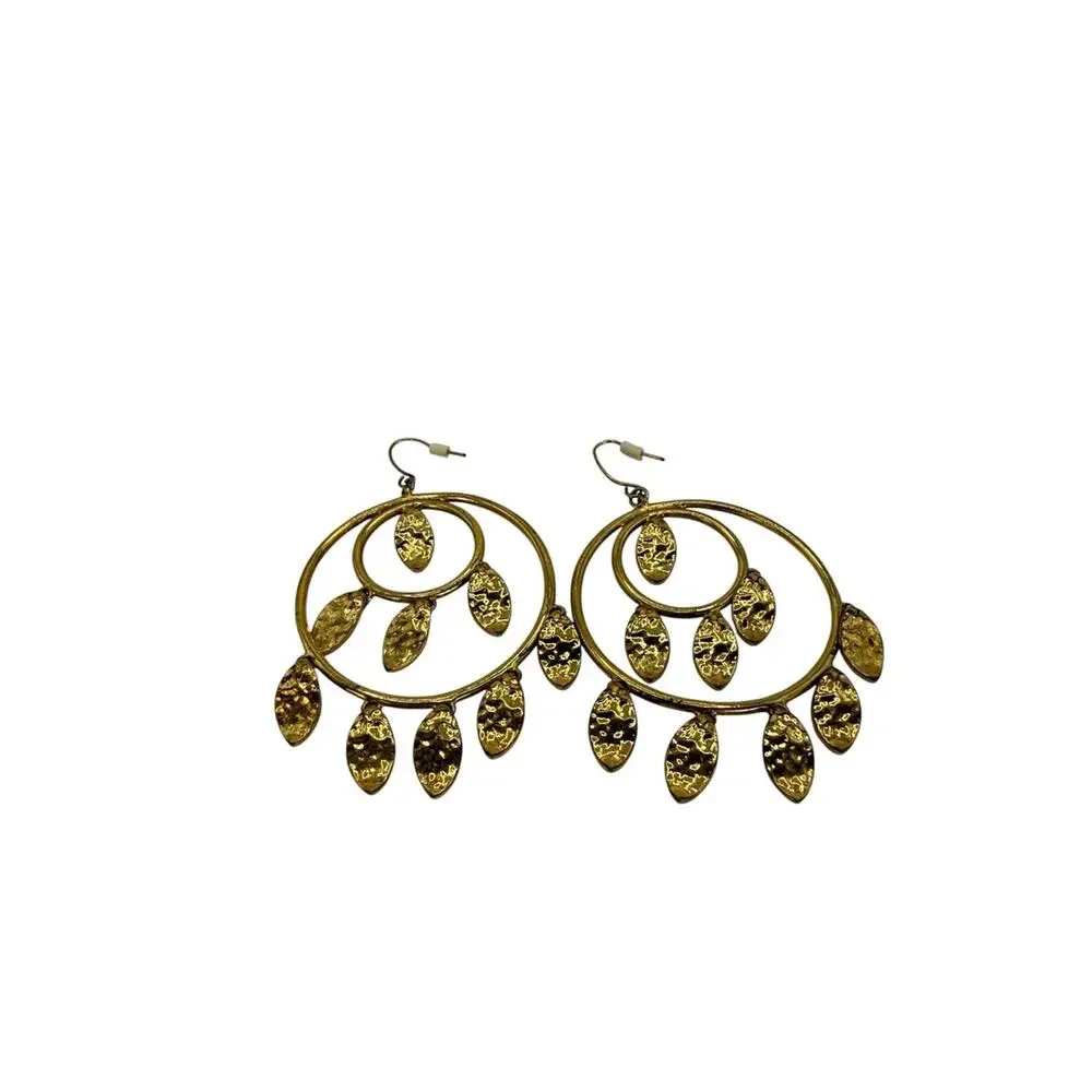 Gold Double Hoop Dangle Earrings with Leaf Charms